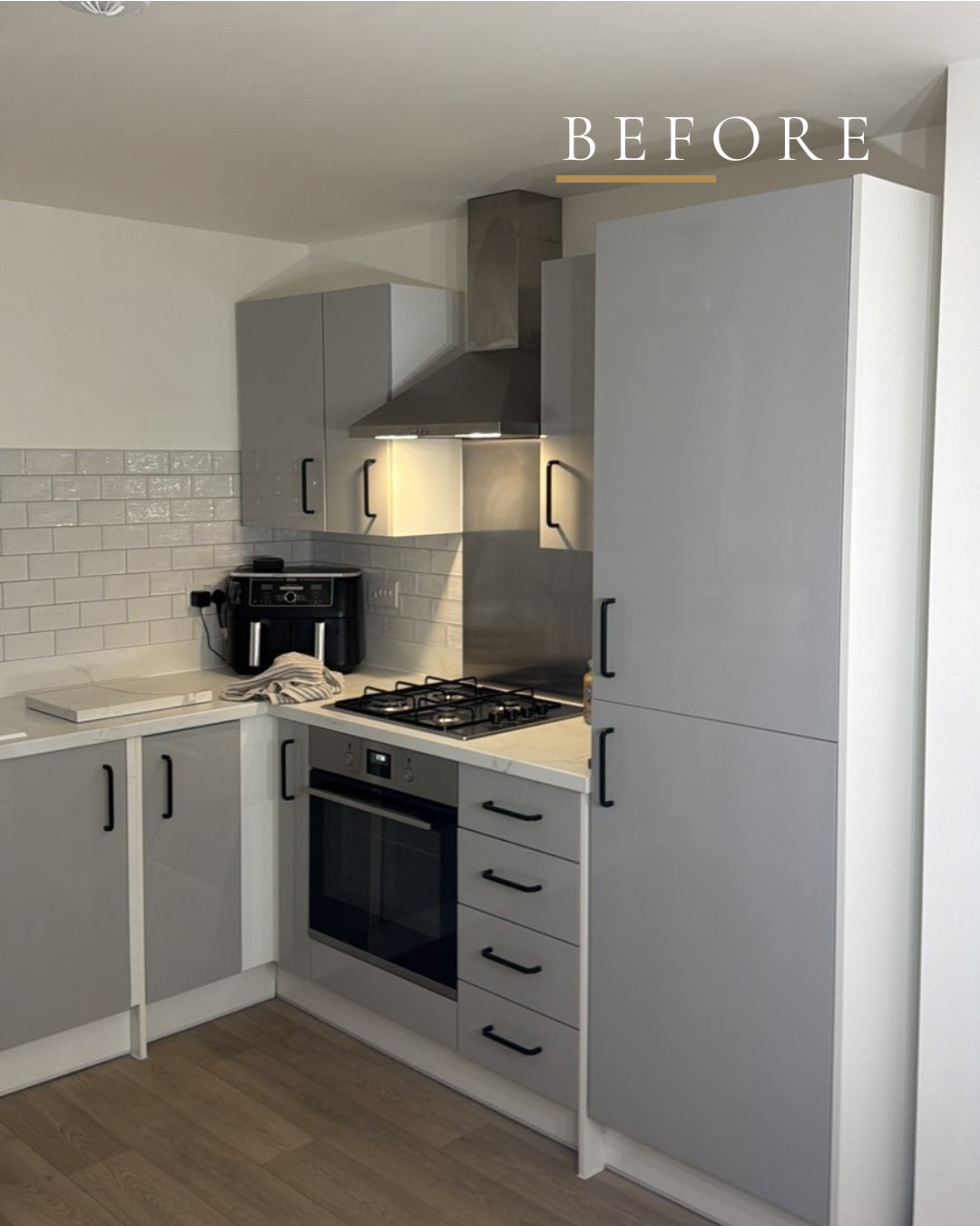 Before — grey gloss cupboard doors